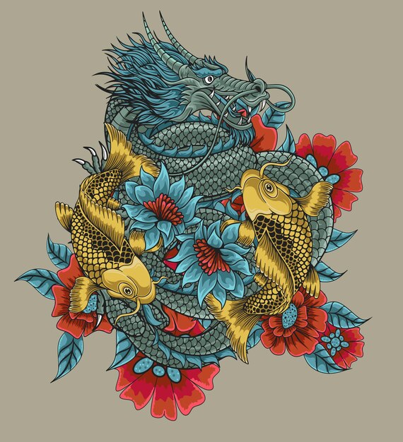 Japanese Koi Dragon Illustration Vector Design