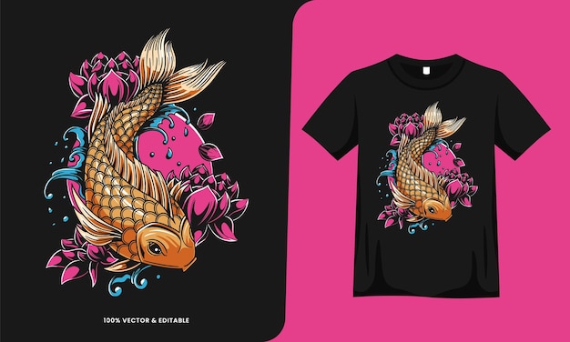 Vector japanese koi fish cartoon tattoo design with tshirt template
