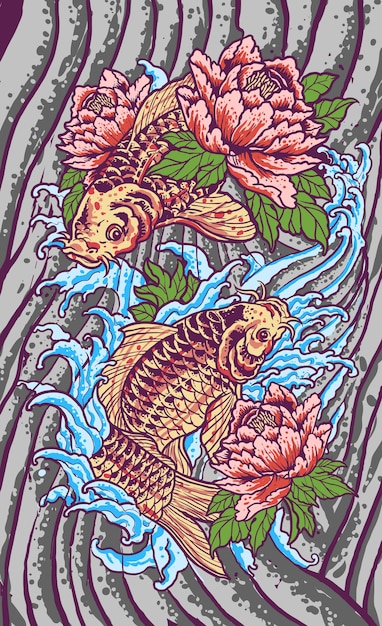 Japanese koi lotus tattoo illustration