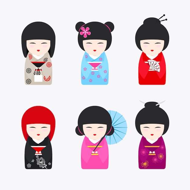 Vector japanese kokeshi dolls icons