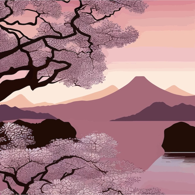 후지산 일출과 탑 포스터가 있는 일본 풍경 배경