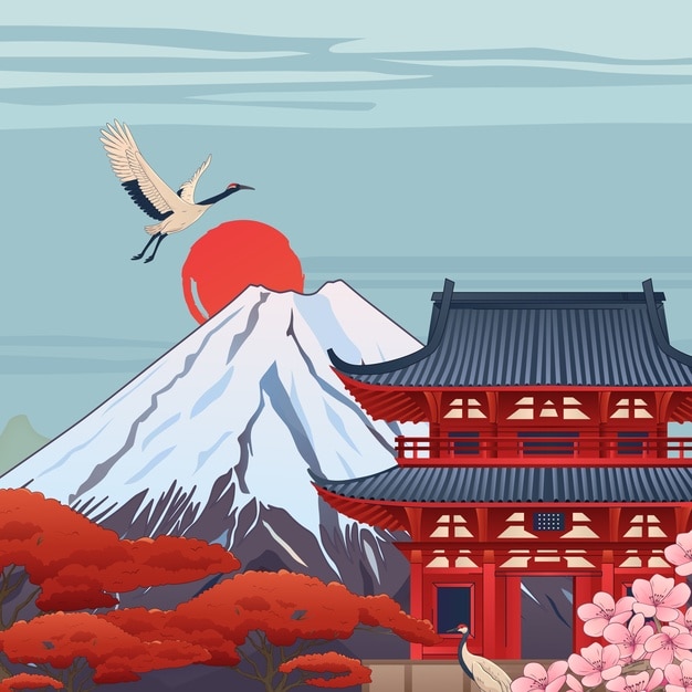japanese landscape with mount fuji, temple, cherry blossoms and crane