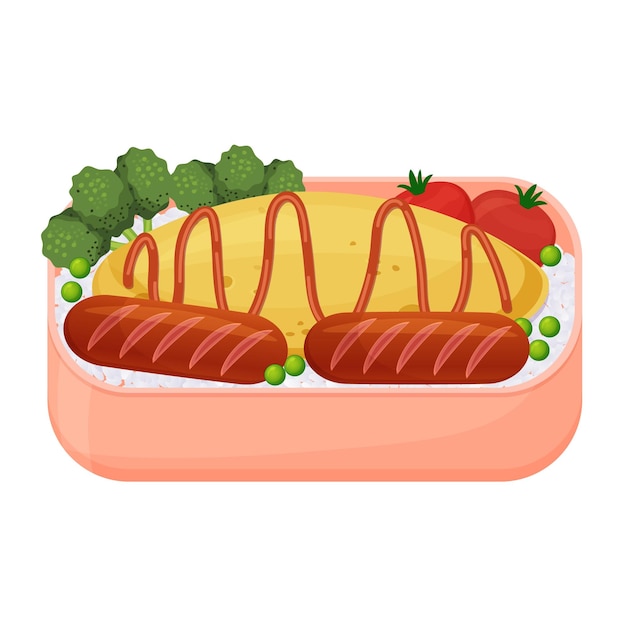 Japanese lunch in bento box Omelette rice with sausages and vegetables Asian food Vector