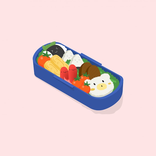 Lunch box giapponese, bento. cibo divertente cartone animato. illustrazione colorata isometrica su sfondo rosa.