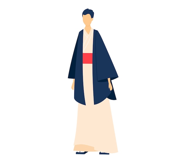 ベクトル 伝統的な着物を着た日本人男性が落ち着いたポーズで立っている、文化的な衣装を着たシンプルなアジア人男性