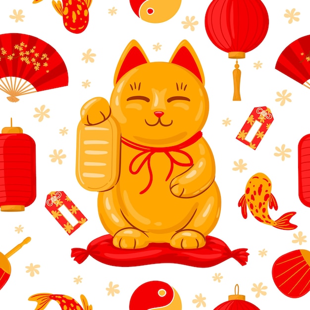 Vettore striscione giapponese maneki neko. buona fortuna giappone gatto tradizionale, carino kawaii fortunato maneki neko fumetto illustrazione vettoriale. simpatico poster di maneki neko. gatto giapponese e lanterna, fortuna asiatica