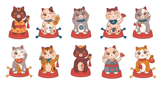Set gatto maneki neko giapponese fortuna gattino felice con soldi sventolando moneta coban orientale animale fortunato talismano fortunato giapponese tradizionale e souvenir personaggi dei cartoni animati vettoriali