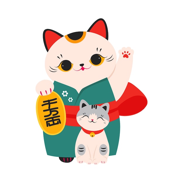 japanese maneki neko white cat and kitten traditional lucky cat doll cartoon style vector illustration