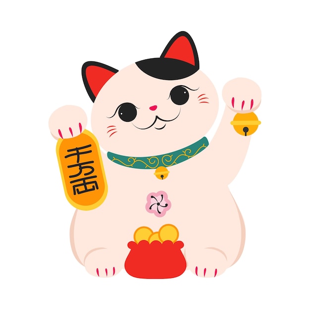 japanese maneki neko with traditional with bag of golden coins japanese symbol of good luck and wealth cartoon style vector illustration