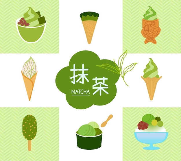 Set di ingredienti per dessert matcha giapponesi per carte da bar simbolo di parola cinese quotmatchaquot