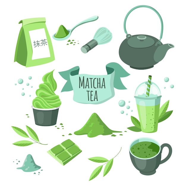 Vettore tè verde matcha giapponese in polvere. l'iscrizione in giapponese è matcha.