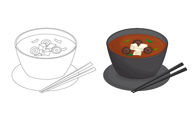 Japanese miso soup in black bowl with mushrooms and tofu Kids coloring book for elementary school