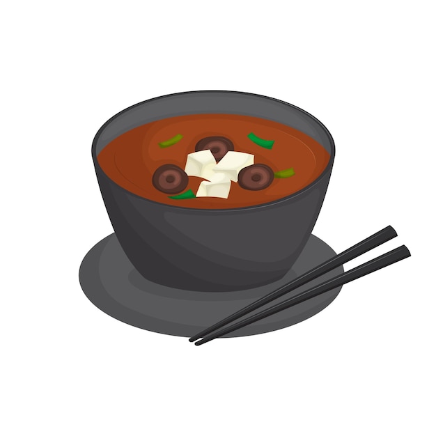 Japanese miso soup in black bowl with mushrooms and tofu Traditional Asian cuisine