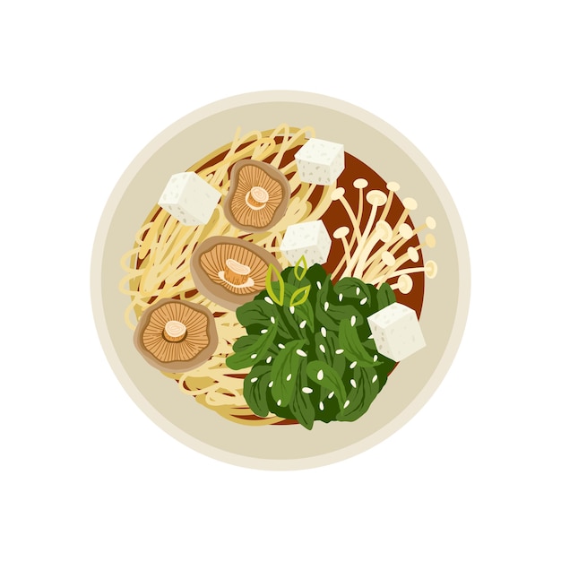 Japanese miso soup with noodles, tofu and shiitake. Traditional asian cuisine. Vector clipart.