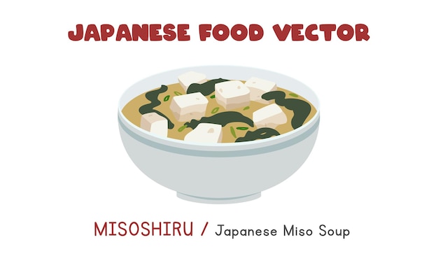 일본 미소시루 - 일본 된장국 플랫 벡터 클립 아트 만화. 아시아 음식. 일본 요리