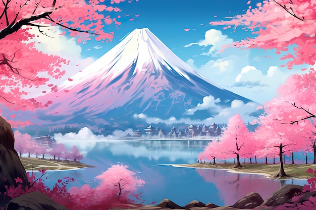 Vector japanese mountains in red background