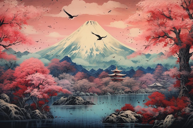 Vector japanese mountains in red background