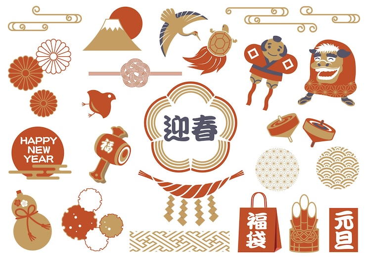 Vector 日本の新年あいさつ ベクトル ヴィンテージ イラスト エレメントセット 白い背景に分離
