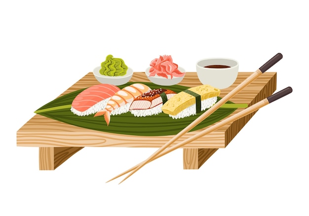 Premium Vector | Japanese nigiri sushi with wasabi, ginger, sticks and ...