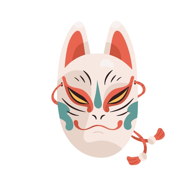 Vector japanese noh mask of kitsune character. asian kabuki theater, traditional kitty animal head. evil face of japan cat. oriental flat vector illustration isolated on white background.