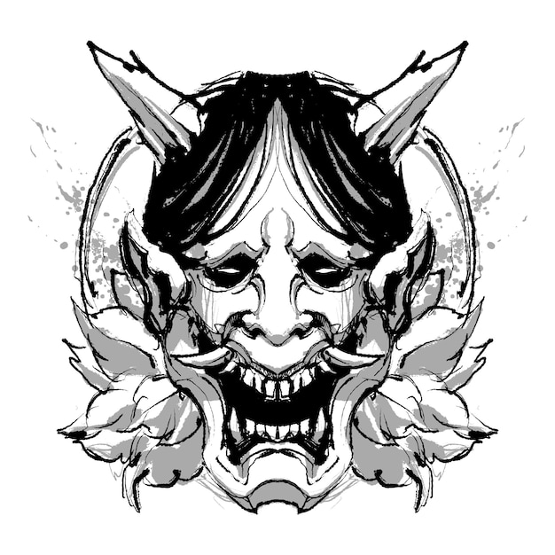 The japanese oni mask illustration line art