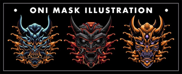 Japanese Oni mask vector design illustration set with cyborg style