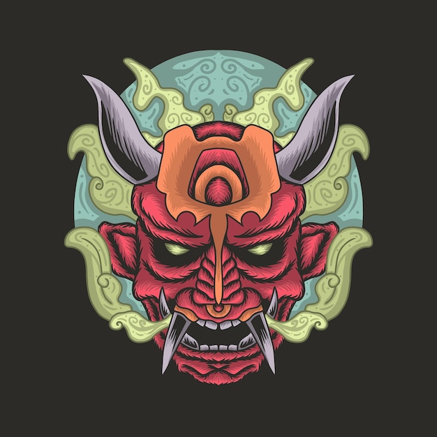 Japanese oni mask with smoke and moon