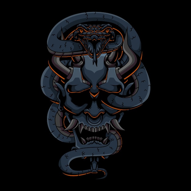 Japanese oni mask with snake illustration