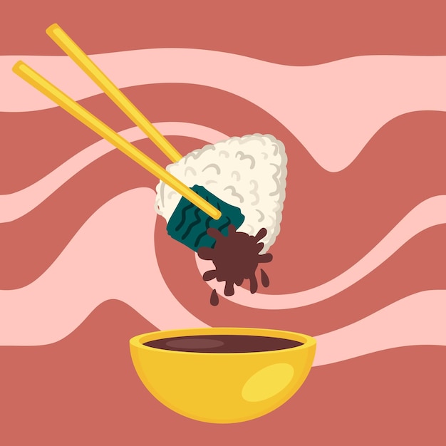 간장 그릇과 젓가락이 있는 일본 오니기리 주먹밥은 티 스티커 메뉴와 장식 및 디자인을 위한 편지지 벡터 일러스트레이션에 적합합니다.
