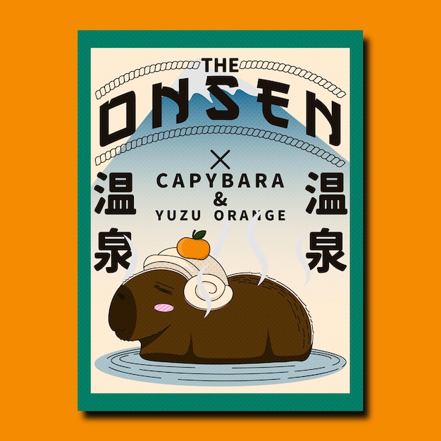 Vector japanese onsen and capybara retrothemed poster