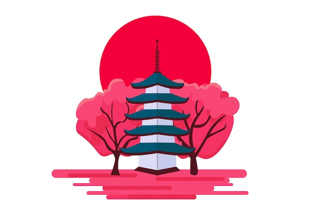 Japanese pagoda on a red sun with flowering sakura trees