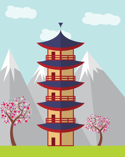 Японская пагода с горами и сакурой на заднем плане