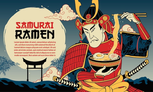 Vector japanese painting background of samurai warrior eats ramen noodle