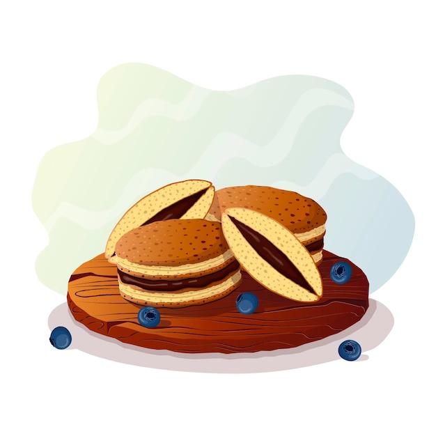 日本のパンケーキどら焼きを木の板またはトレイ全体に置き、チョコレートフィリングとブルーベリーでカット