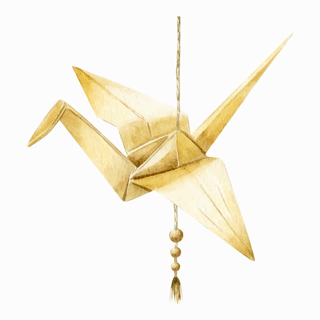 Japanese paper crane. The traditional origami crane is beige in color Watercolor. Asian culture