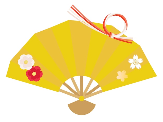 Japanese paper fan with cherry blossom and camellia on a white background