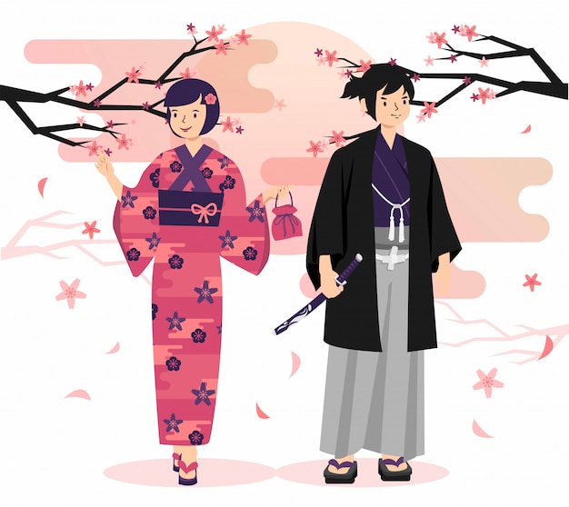 Vector japanese people wear kimono illustration