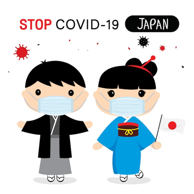 日本人は、Covid-19を保護および停止するために民族衣装とマスクを着用します。インフォグラフィックのコロナウイルス漫画。