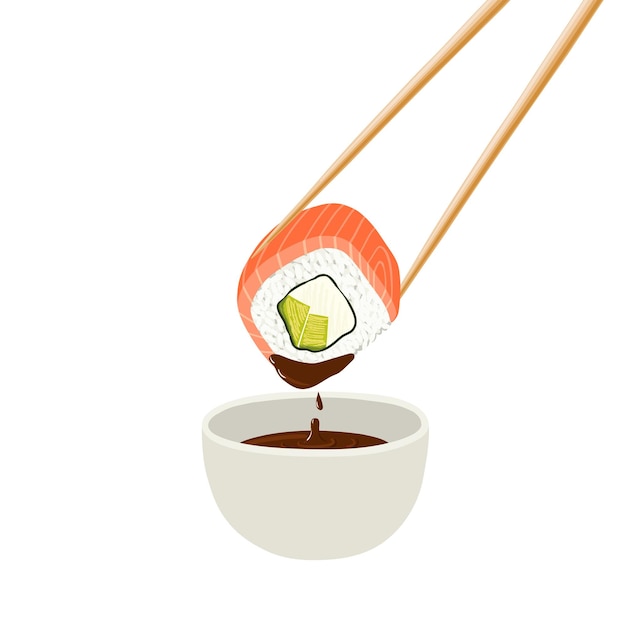 Japanese philadelphia roll with chopsticks and soy sauce. asian food. vector illustration.