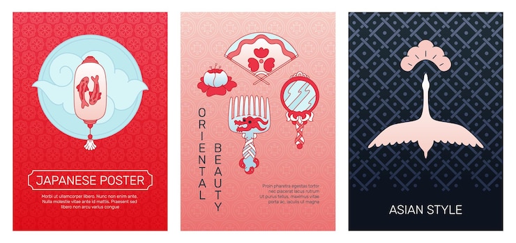 Vector japanese posters abstract banners with traditional oriental ornaments sky clouds paper lantern sun and moon design swan bird fan accessory mirror and comb vector covers set