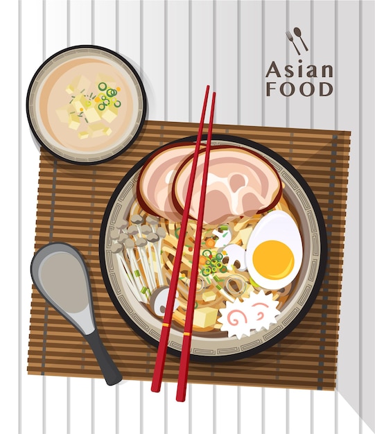Noodle ramen giapponese, zuppa di noodle asiatica tradizionale, illustrazione.