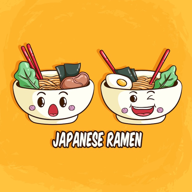 Ramen o noodles giapponesi con faccia ed espressione kawaii