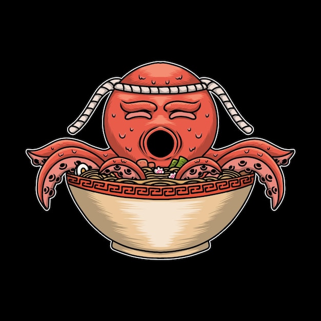 Japanese ramen with octopus noodles hand drawn illustration