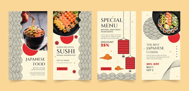 Vector japanese restaurant instagram stories set