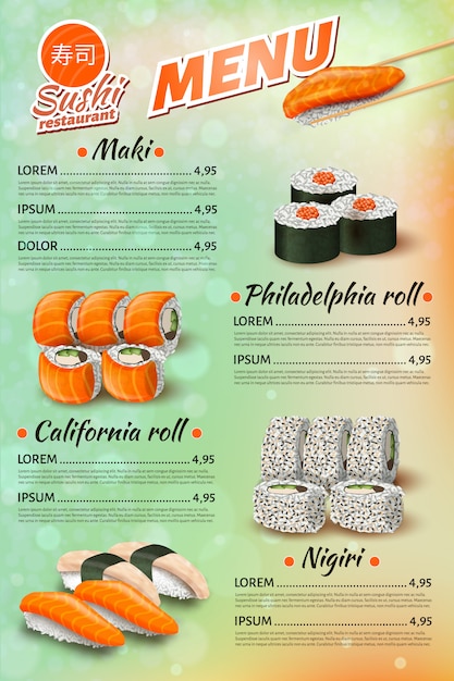 Japanese restaurant menu, sushi, rolls price list