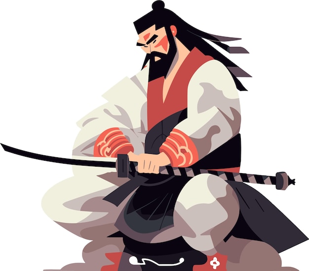 Vector japanese samurai cartoon character white background illustration minimal flipart vector style