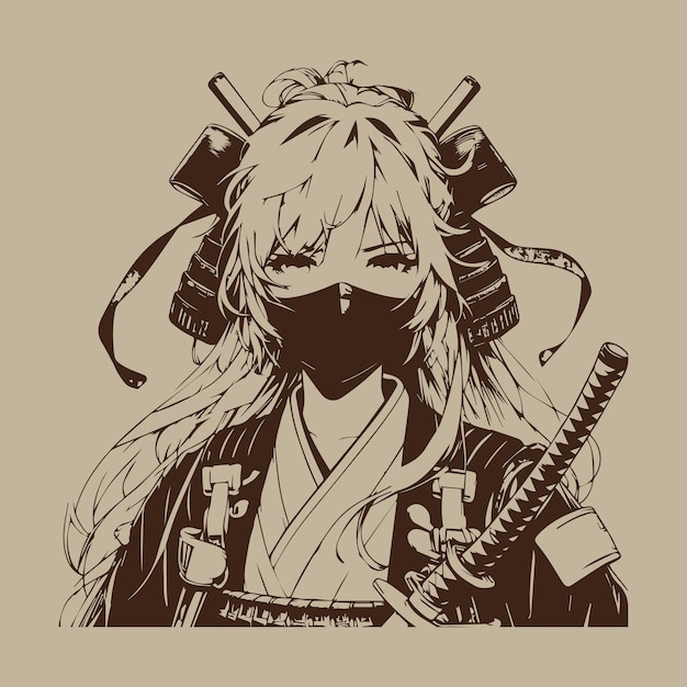 Japanese samurai girl with sword in hand Vector illustration in sketch style