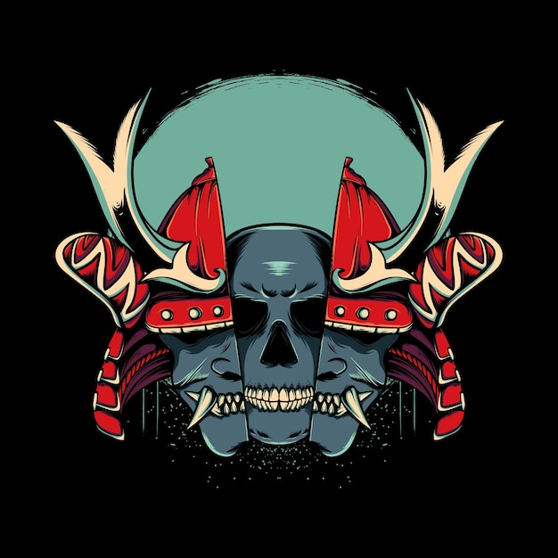 Japanese samurai helmet split with skull and moon illustration on black background