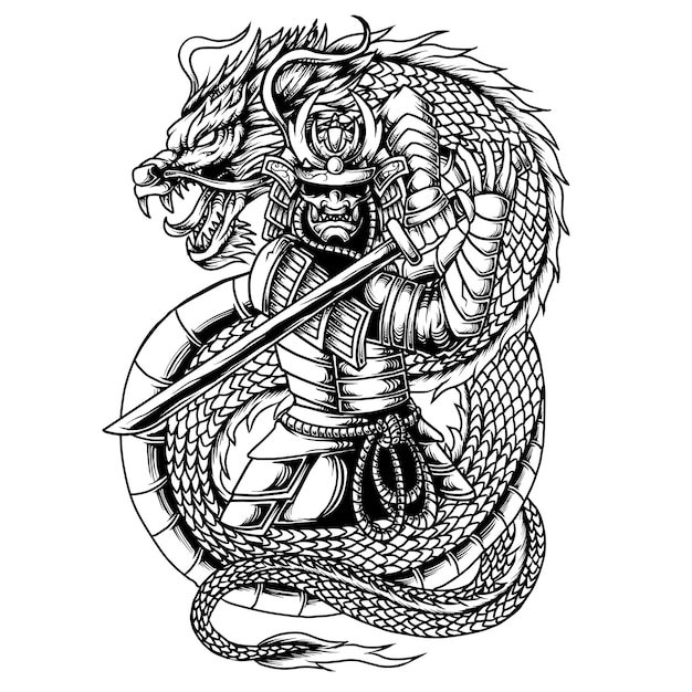 Premium Vector  Tattoo art dargon and japanese sword hand drawing sketch  black and white