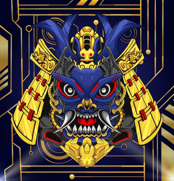 Japanese samurai mascot skull robot head illustration